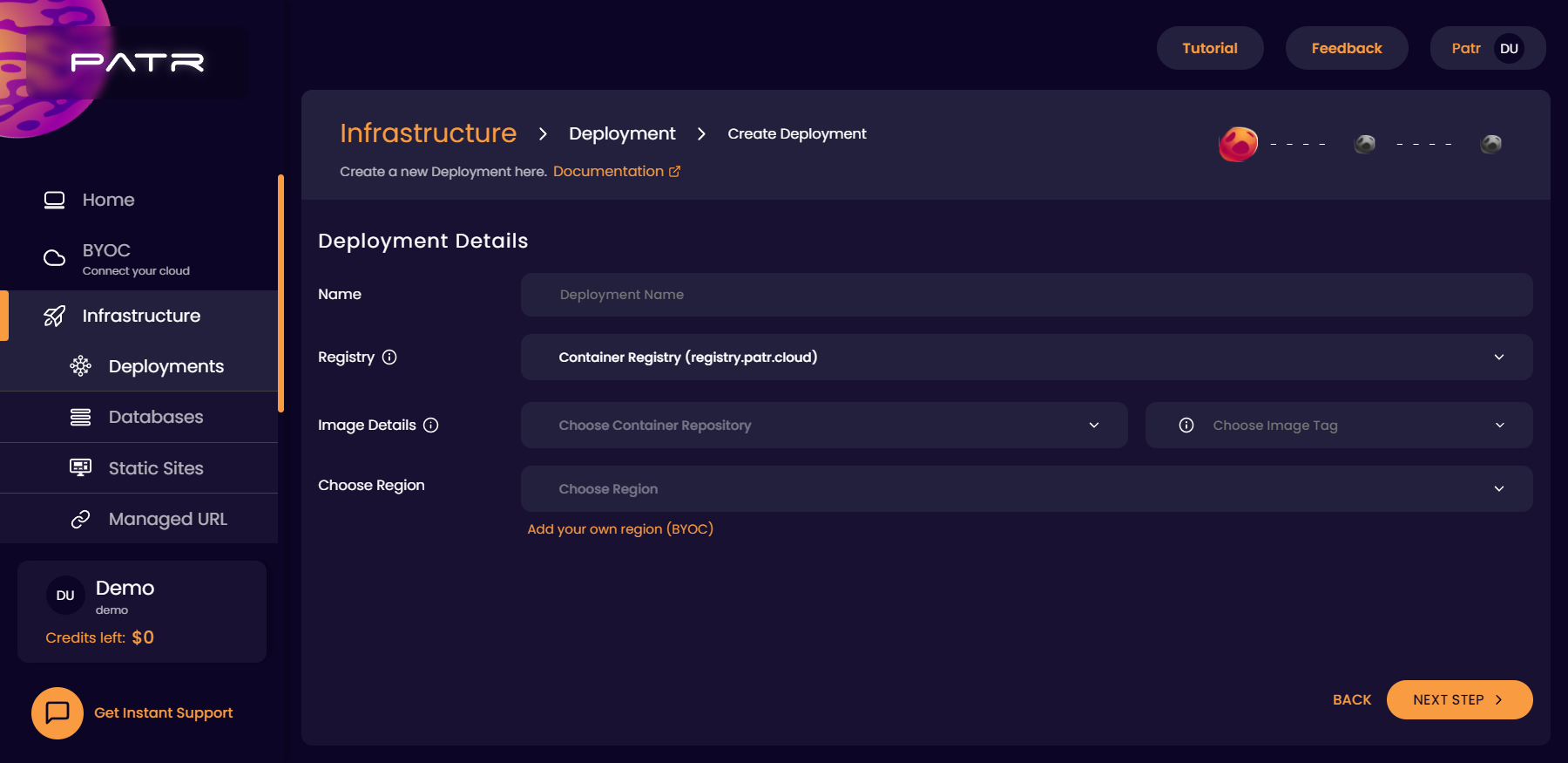 Screenshot of create deployment screen 1