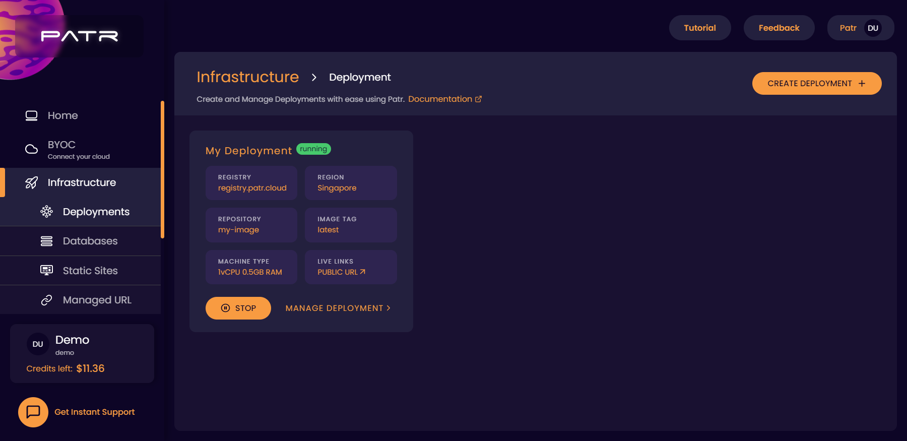 Screenshot of deployment dashboard section