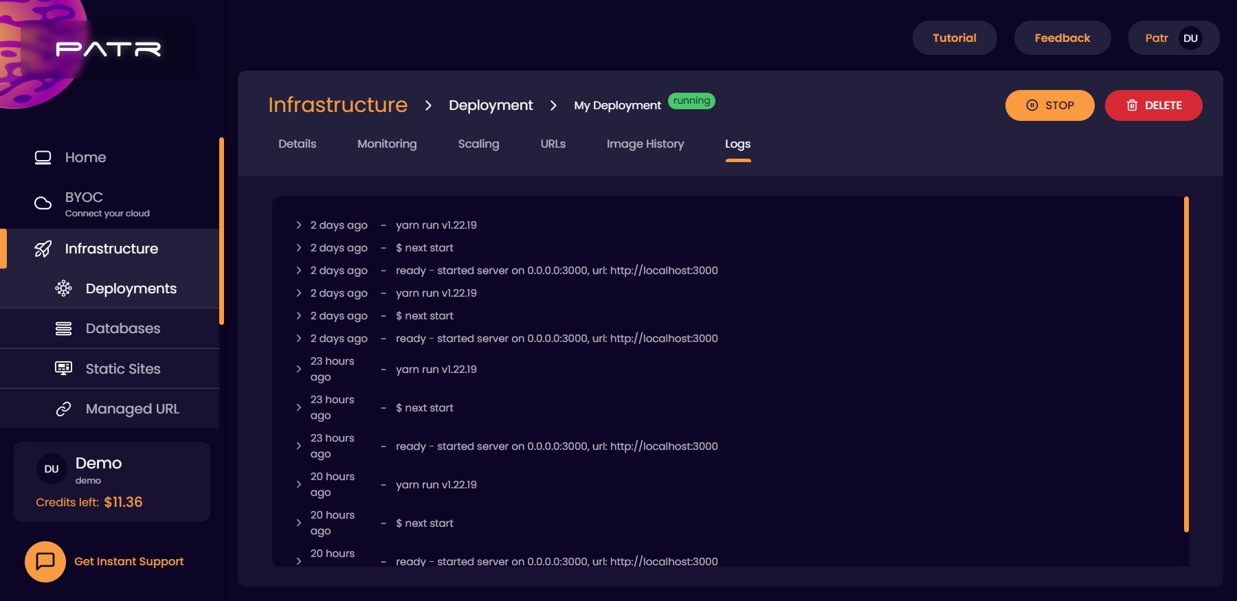 Screenshot of logs tab in deployment