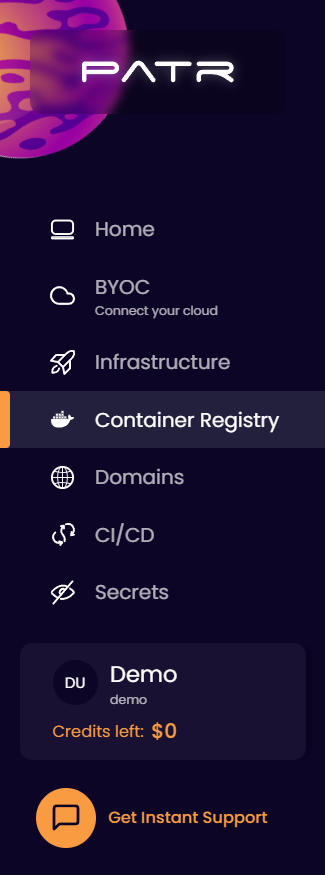 Screenshot of sidenav with container registry selected